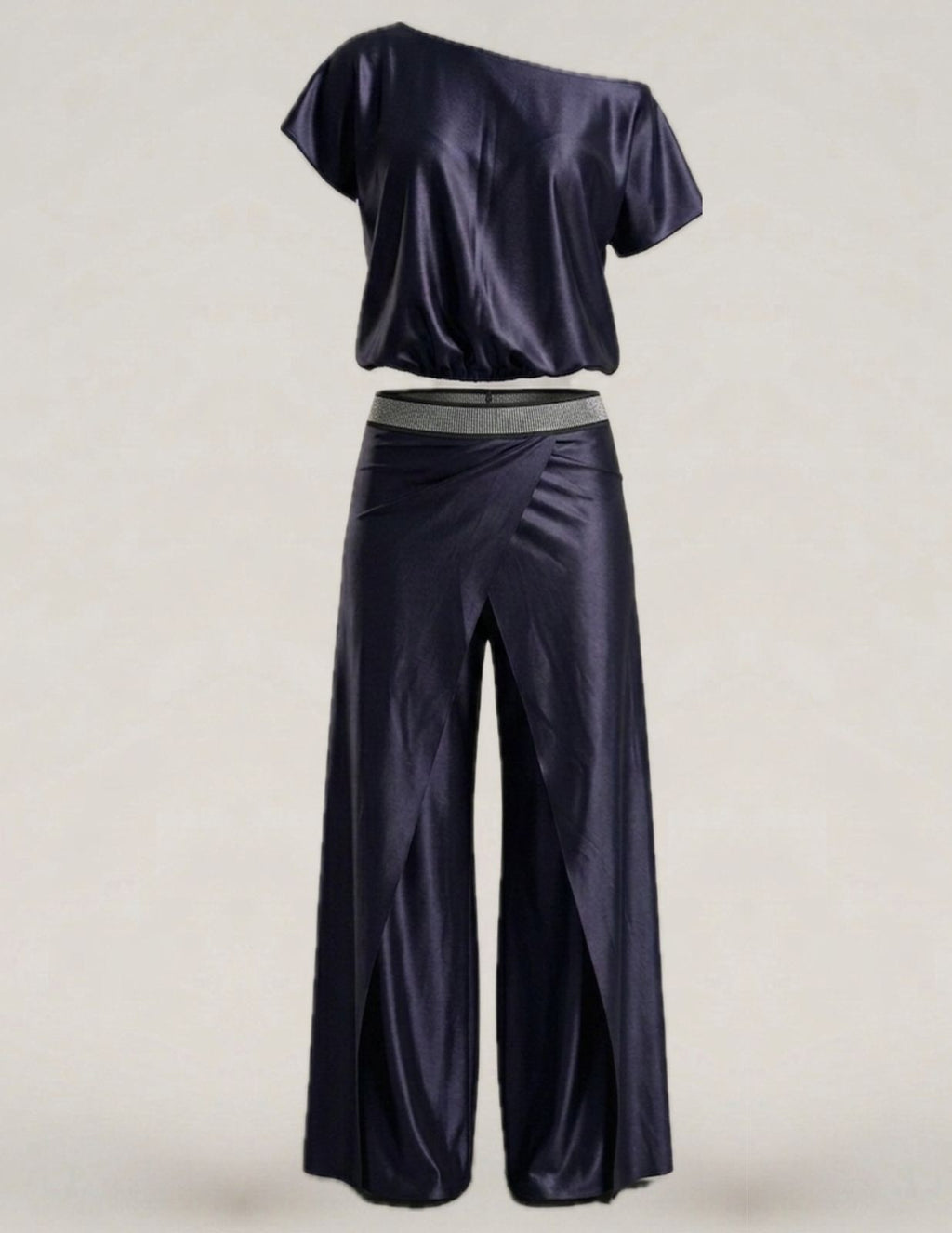 Calça transpassada com elástico brilhante