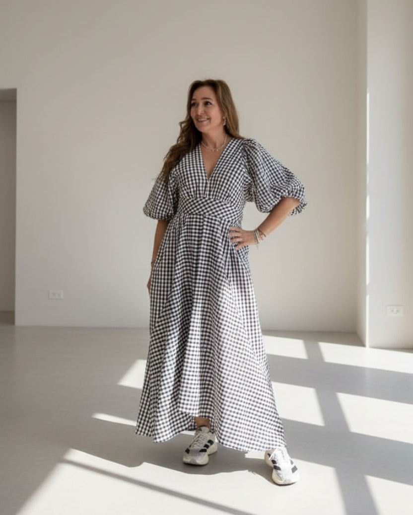 Vestido manga bufante amplo vichy