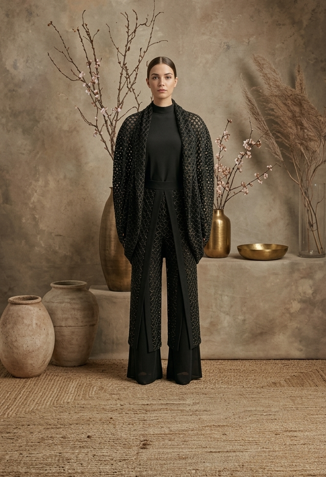 Calça saia em malha de renda com lurex