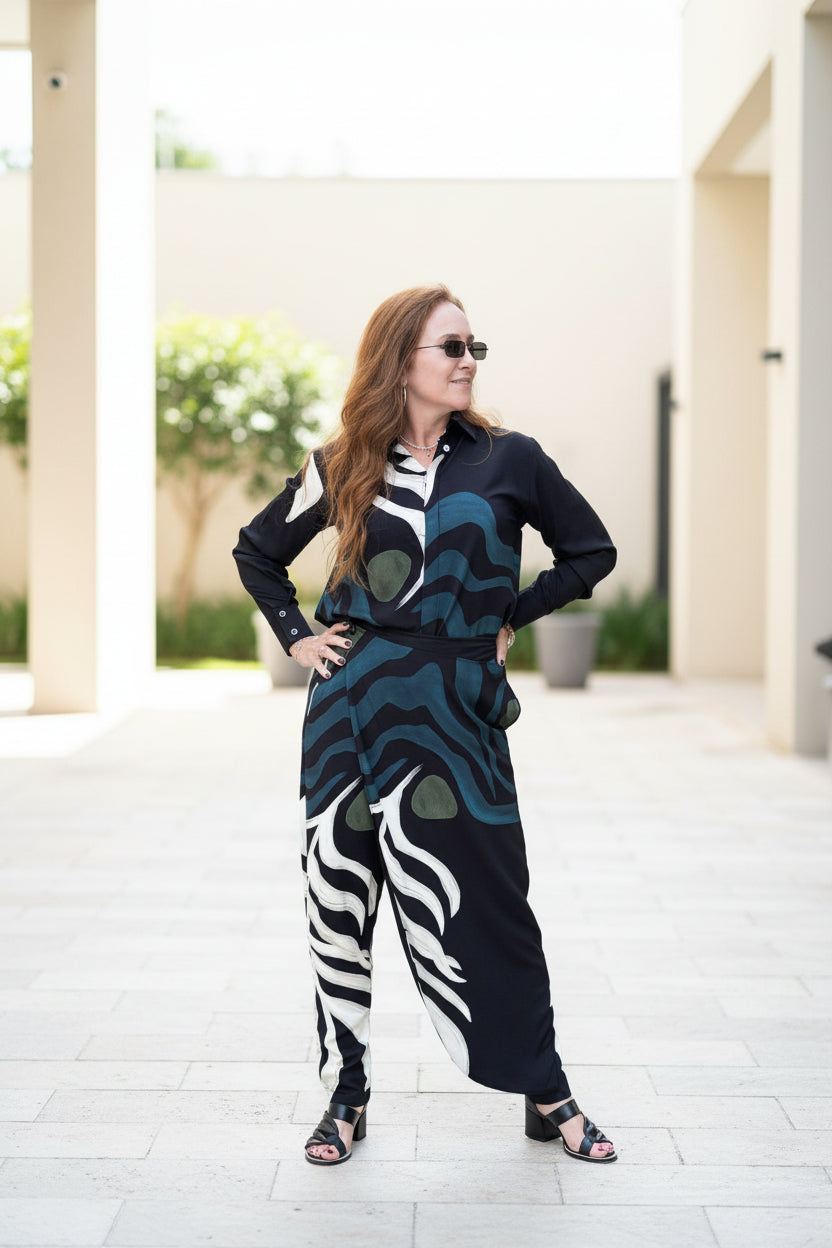 Calça transpassada estampada
