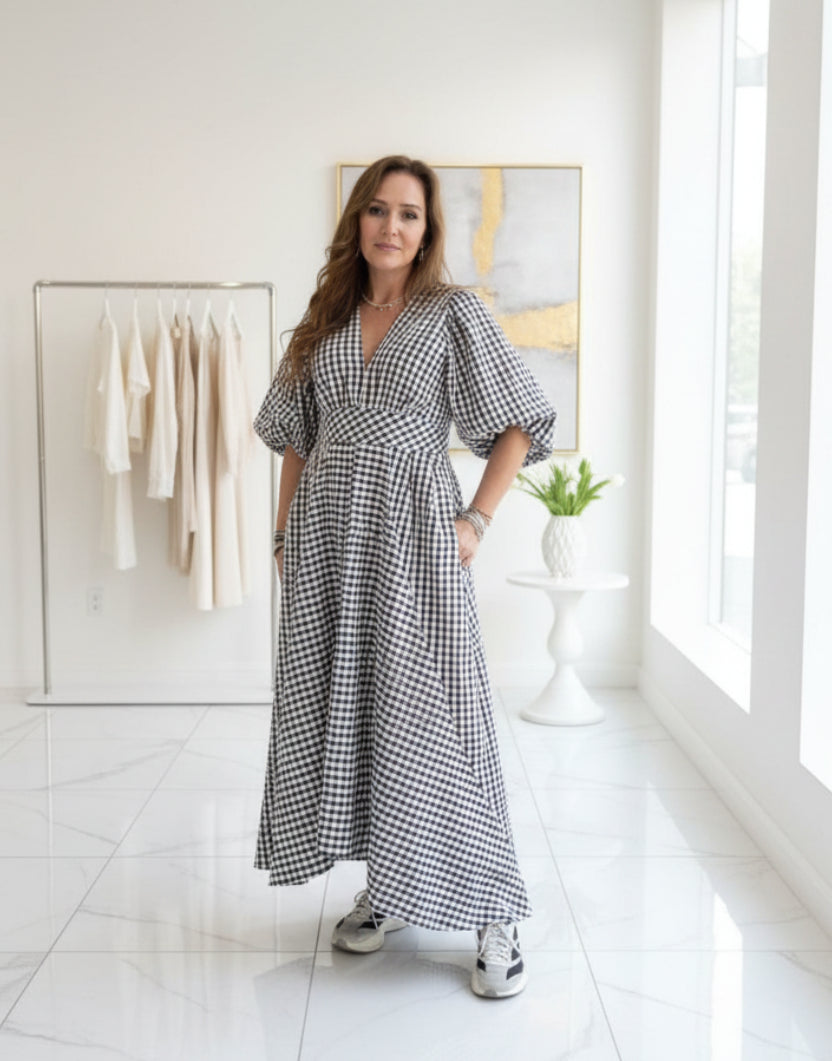Vestido manga bufante amplo vichy