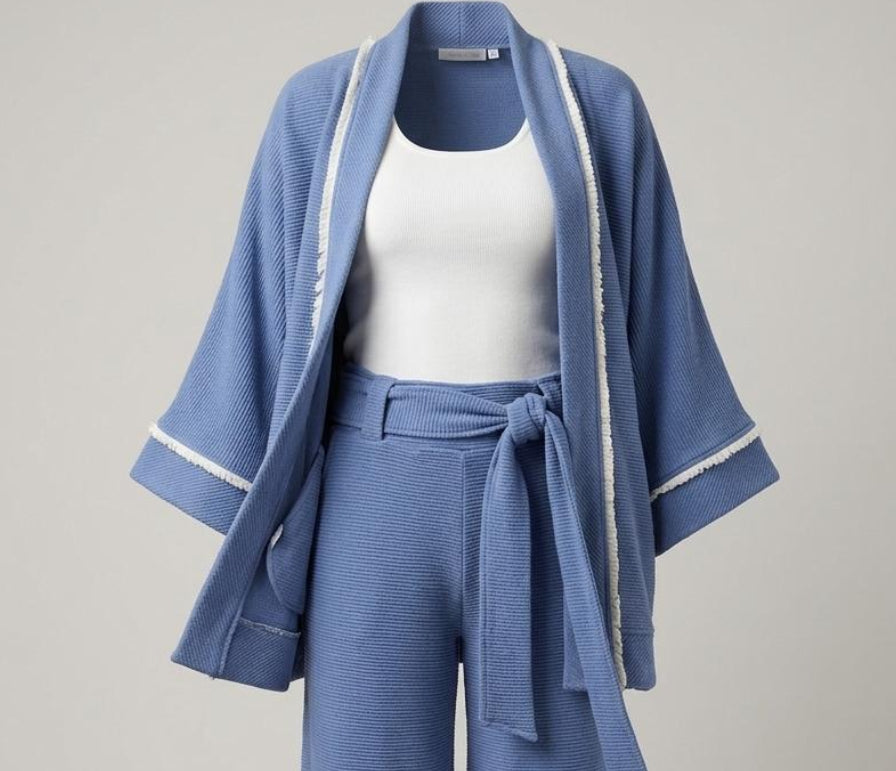 Kimono canelado liso com detalhes em franja