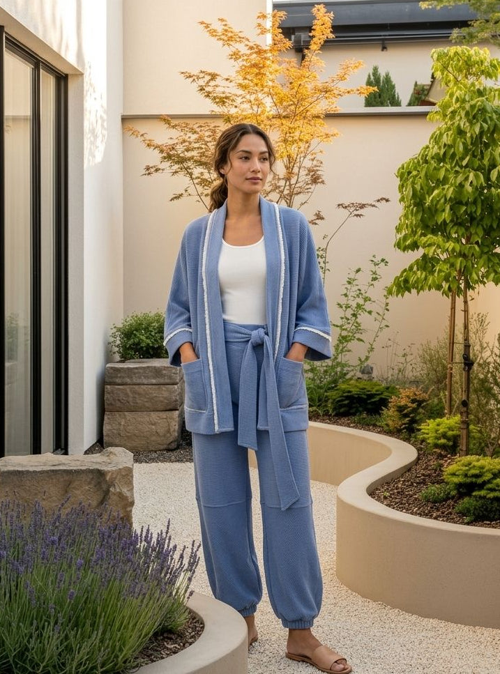 Kimono canelado liso com detalhes em franja